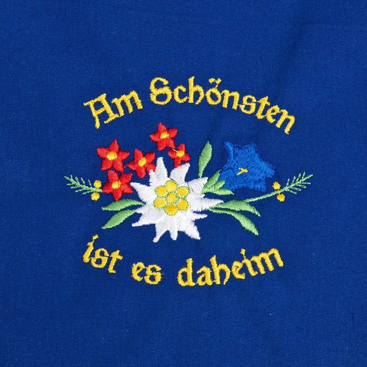 Blaue Schürze mit Motiv Am Schönsten ist es daheim > Hutstuebele