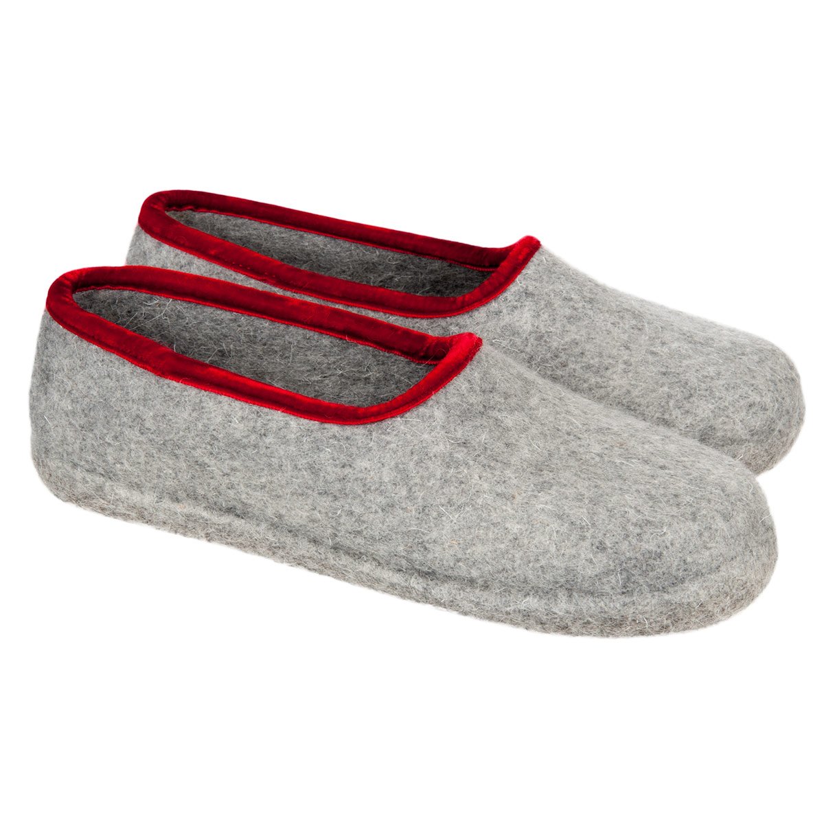 HAUNOLD | woman's high quality felt slippers in pure woolfelt in grey with braid in red color