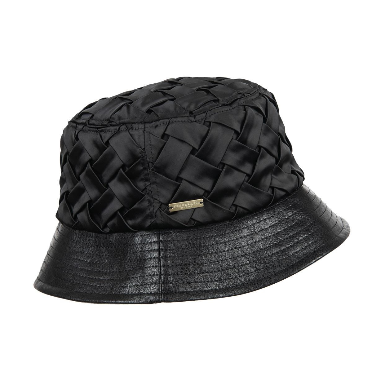 SEEBERGER | Damen Satin Bucket Fischerhut mit Krempe aus Kunstleder